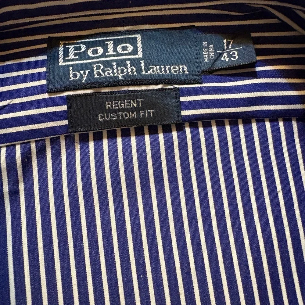 Polo Ralph Lauren Regent Custom Fit Striped Shirt Mens 17 Blue White Long Sleeve